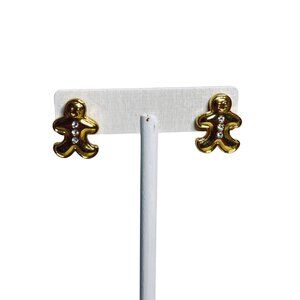 Avon Gold Tone And Clear Rhinestone Gingerbread Man Pierced Earrings (6099)
